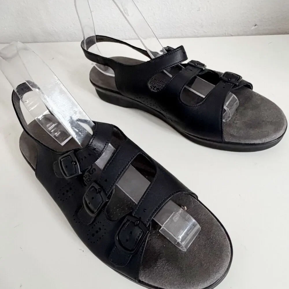 SAS Sandals Womens 9.5 Black Leather Caress Slingback Ankle Strap Wedge Heel USA